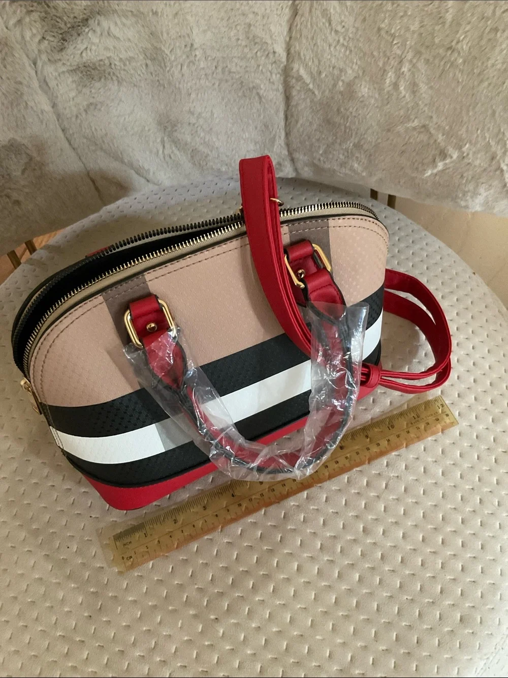New Multi-Color block Women’s Satchel Bag with Red Accents